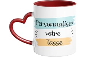 Tasse Personnalisée avec anse en forme de coeur avec 1 ou 2 photos et des inscriptions (Rouge)