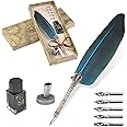 VABNEER Feather Quill Pen Set with Ink & 5 Replacement Nibs for Stationery Gift (Dark Blue)