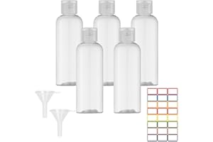 ONEINHE 5 bottiglie da viaggio in plastica da 100 ml, con imbuti ed etichette, trasparenti, ricaricabili, vuote, per cosmetici per articoli da toeletta da viaggio