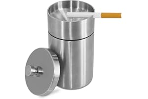 HONZUEN Cendrier En Acier Inox avec Couvercle, Ashtray Outdoor Coupe-vent et Imperméable Facile à Nettoyer Beau Cendriers Épaissi Anti Odeur pour Exterieur Auto Balcon Maison Restaurant, Argent