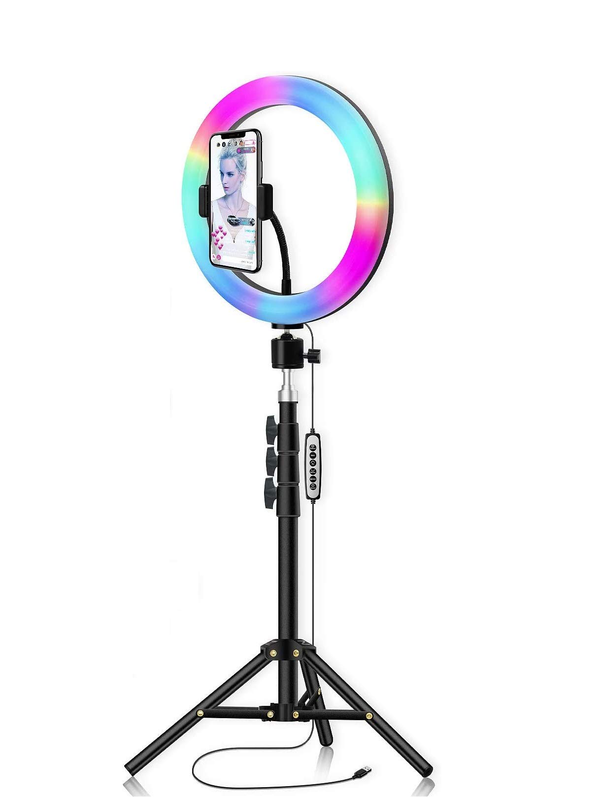 Webilla 10" Combo LED Ring Light with Adjustable Tripod Stand & Phone Holder, RGB 16-Colors Dimmable Selfie Live Streaming/Taka Tak/Makeup/YouTube Video/Photography, Tripod Bracket Ring Flash (White)