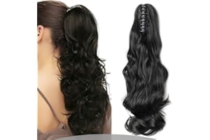 Silk-co 18 Pouces Postiche Queue de Cheval Ondulé Extension de Cheveux Queue de Cheval Synthétique Attaché Par Pince Claw On Ponytail Extension, Noir Foncé