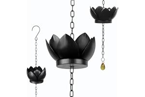 Domigard 4.2ft Rain Chains for Downspout, Metal Lotus Rain Chain 5 Lotus Rain Chain Cups, Adjustable Rain Catcher Chain for Eaves Drainage, Replacement for Downspout, Gardens Patios & Home Decor