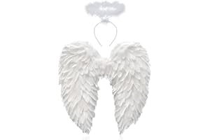 Sunshine smile 60CM Engelsflügel Weiß mit Heiligenschein,Engel Flügel,Federflügel Engel,Engels Flügel Kostüm,Engel Flügel für Damen und Mädchen,Party Fasching Kostüme Deko,Kostümparty Verkleidung