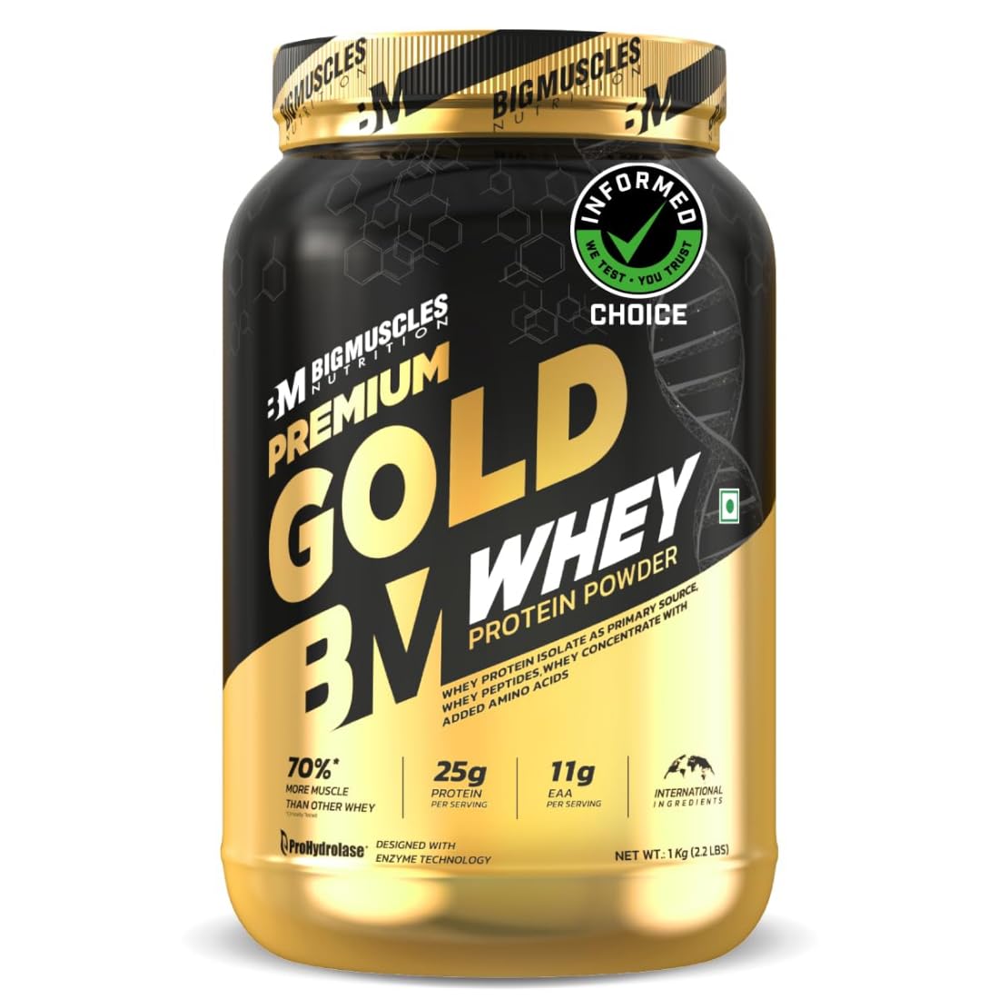 Bigmuscles Nutrition Premium Gold Whey [1Kg] | Informed Choice UK Certified | Isolate Whey Protein Blend | 25g Protein | 11g 