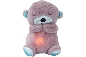 Qxiao Baby Sound Machine Soothe 'N Snuggle Otter Portable Plush Sleeping Otter Cuddly Toy with Breathing Movement & Music Lights Plush Slumber Otter Cuddly Toy Gifts for Newborn Babies