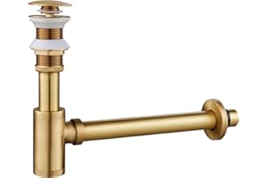KINKIBOS Universal Siphon und Ablaufgarnitur Set für Waschbecken ohne Überlauf, Ablaufgarnitur Waschbecken POP UP ohne Überlauf inkl. Dichtungen, Design Siphon Waschbecken für Bad, Antik Messing