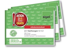 ‎SIGEL SIGEL T1178 Quittungsblock wie SD021: A6 quer, 3 Stück, 2x40 Blatt, selbstdurchschreibend, mikroperforiert, Standardquittung, aus nachhaltigem Papier