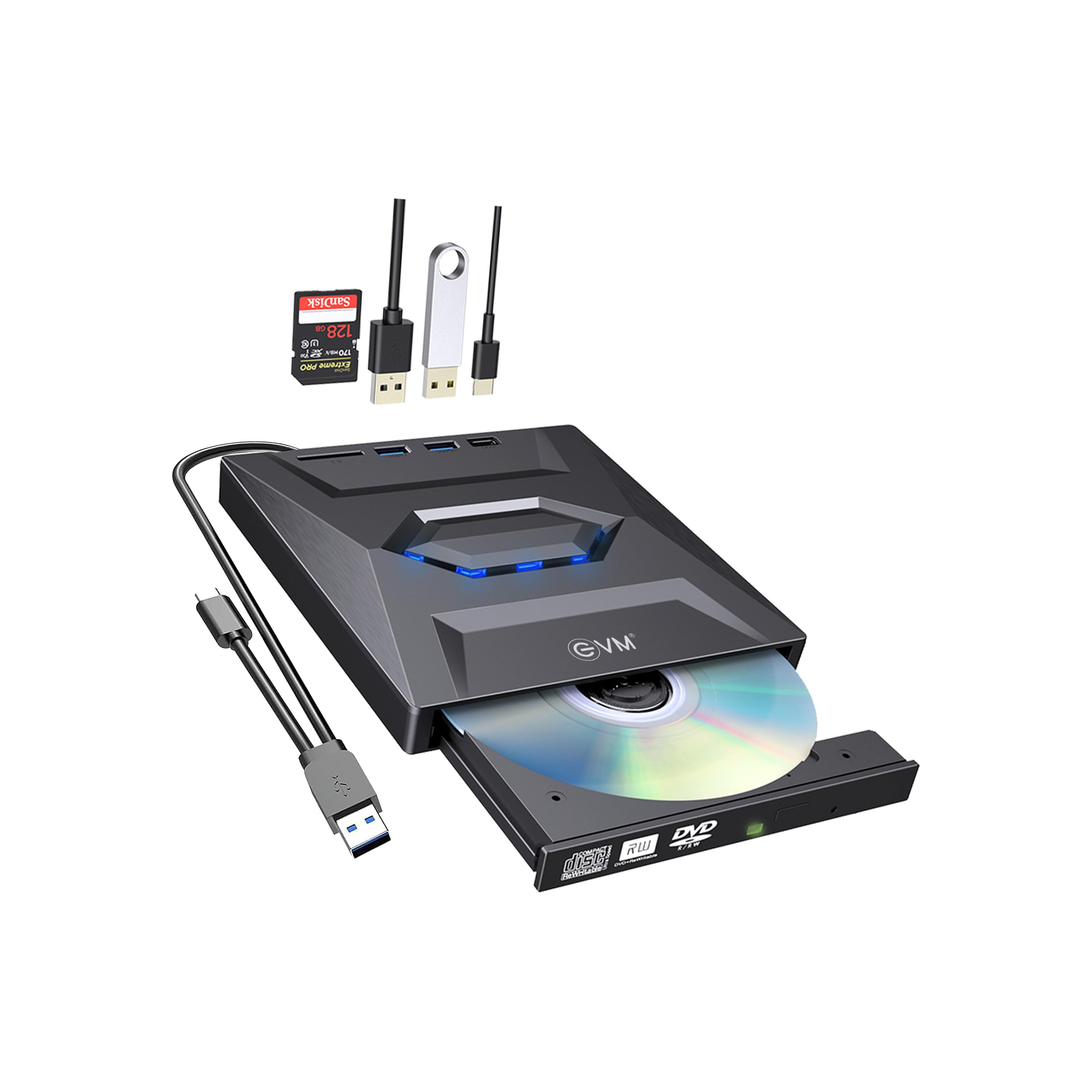 EVM USB 3.0 & Type C External CD DVD Writer RW Optical Drive CD/DVD ROM +/-RW CD Burner Drive with USB SD/TF Card Reader Ports, USB-C Hub for Laptop, PC, Desktop - 1 Year Warranty (ECM-EXT-CD-01)