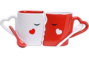 Cymax 2 pz Tazze da Caffè,Bacio Tazze in Ceramica,Tazze Coppia con Cucchiai - Bellissimo Pacco Regalo per Anniversario di matrimonio San Valentino Regali di Natale,300ml