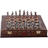 GiftHome Orta Boy Metal İngiliz Satran&ccedil; Takımı Antik ve El Yapımı Masif Ahşap Sandıklı Satran&ccedil; Tahtası