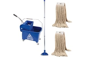 AVERN CLEANING SUPPLIES 20L Industrial Mop and Bucket Set Commercial Kentucky Wringer Heavy Duty Cleaning For Schools Restaurants Shops Offices (Yellow Mop Set) (Kentucky Blue Bucket Set)
