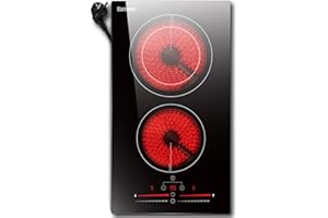Karinear Keramik-Kochfeld 2 Platten Einbau, Glaskeramikkochfeld 2 Platten, Herdplatte 2 Kochfelder mit Stecker, Berührungssteuerung, Doppelring-Kochzone, Timer, 3200W, 220-240V