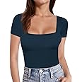 MANGOPOP Womens Short Sleeve/Long Sleeve Square Neck T Shirts Tops Tees (A04 Navy Blue, Small)