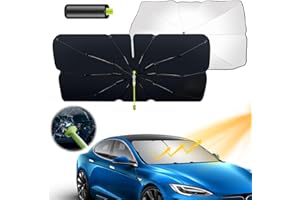DAJILI Car Windshield Sun Shade Umbrella, 360° Rotation Foldable Front Windscreen Sun Shade Protector with window breaker, Universal Car Front Windshield Sunshade Blocks 56x30 Inch