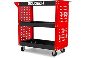 BOUDECH Troller - Carro de taller de 3 niveles, paneles perforados laterales y 12 ganchos, ruedas autobloqueantes, superficie de trabajo con alfombrilla antideslizante