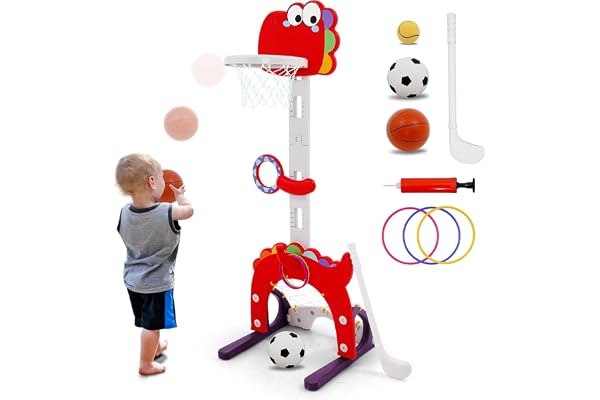 EULEUY 5-i-1 kast- och basketspel för barn, justerbar höjd 95–135 cm, småbarn basketkorg, fotbollsmål leksak, golf för barn, kastspel och ringkast. Utomhusleksak från 3 år