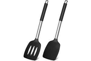 Joyfair Silicone Spatula, Stainless Steel Spatula Pack of 2, Cooking Turner/Non Stick Kitchen Slotted Utensil Set Ideal for Fish, Eggs, Pancakes, Heat Resistant & Dishwasher Safe, Black