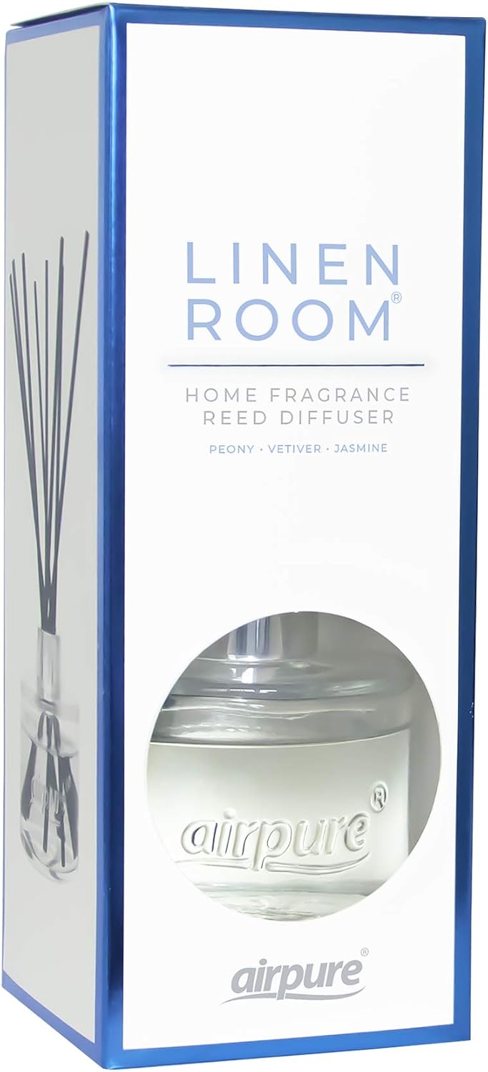 AIRPURE Reed Diffuser, 100ml Oil Set with Sticks, 8X Black Reeds, Continuous Room Scent, Diffusers for Home Use in Living Room, Kitchen or As Bathroom Freshener - Linen Room Fragrance
