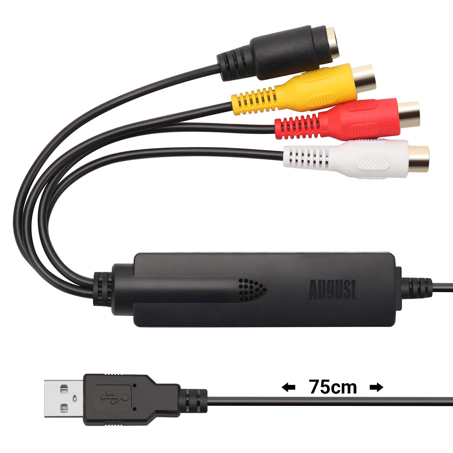 August VGB350 USB Video Capture Card - Convert VHS, Hi8, Mini DV to Digital for Windows 11,10,8,7 - Composite, S-Video, PAL/NTSC/SECAM - Red, White, Yellow Connector - USB Type A Interface