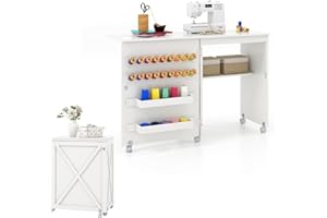 LIFEZEAL Mobile per Macchina da Cucire, Tavolo Macchina da Cucire, Armadietto per Cucito, Salvaspazio, Moderno, 5 Ruote, 2 Mensole, 18 Ganci per Filo, 1 Ripiano, Pieghevole, 116x40x76cm, Legno, Bianco