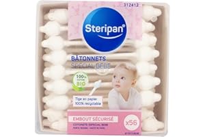 Steripan - Bâtonnets Spécial Bébé - Embout Sécurisé - Tige en Papier Recyclable - 100% Coton Bio - x56