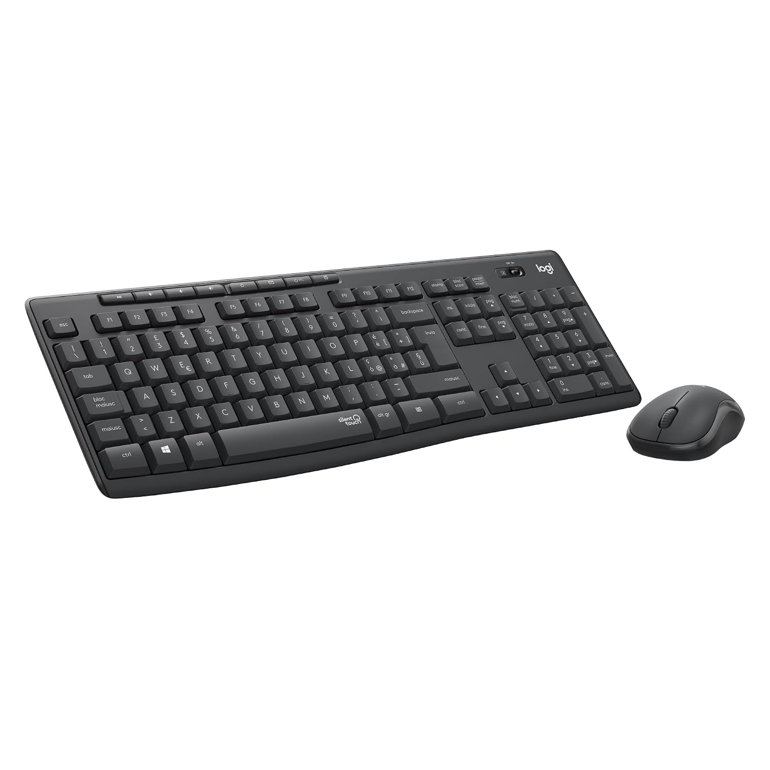 Logitech MK295 Silent Wireless Combo tastiera e mouse con tecnologia SilentTouch, tastierino numerico, tracciamento ottico avanzato, wireless senza ritardi, 90% di rumore in meno, ITA QWERTY Grigio
