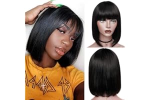 REBASAR Perruque Bresilienne femme Cheveux Humain Naturelle Perruque Bob Courte Droite Tissage Bresilienne Naturel Cheveux Humain Perruque courtes pour les femme noires No Lace Bob Wig Human Hair 14 Pouces