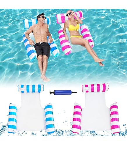 2 Pezzi Amaca Ad Acqua 4 In 1 Con Pompa E Portabevande Gonfiabile - Materassini Da Piscina In PVC 130x70 Cm, Con Rete E Poggiatesta, Per Adulti E Bambini, Blu E Rosa - 2
