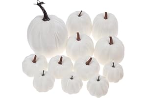 Funzhan 12Pcs White Velvet Assorted Artificial Pumpkin Decoration Fall Harvest Foam Fake Pumpkin Thanksgiving Halloween Pumpkin Home Table Farmhouse Party Fall Decor