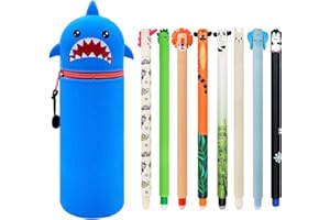 DGTSYAL Trousse Ecole 2 en1 en Silicone Souple, 4 stylos à Encre Gel effaçables, Kawaii, Porte-Plume, Fermeture Eclair en Silicone, Pochette de Stylo, Stylo Gel Noir 0,5 mm, H 19 cm (Animal Ours 1)