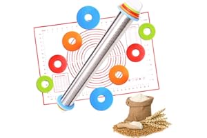 HEPAZ Rodillos de Amasar,Rolling Pins con 4 Discos Ajustables Anillo y marcaje de medición Mat,Rodillo Acero Inoxidable para Hornear Pastas para Pizza y Galletas de pastelería o Estilo francés 44 cm