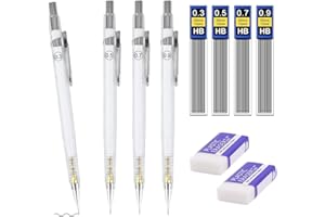 NOKDAL 4 Piezas Juego de Portaminas Profesional Porta Minas Dibujo Portaminas de Metal Automático Lápiz de Escritura 0.3/0.5/0.7/0.9 mm 48 piezas Mina de Lápiz,2 Piezas Borradores para Escritura Bosquejo