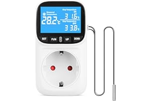 HOSPAOP Digitaler Temperaturregler Steckdose 230V mit Fühler, Heizen Kühlen Thermostat Steckdose, Steckdosenthermostat mit Zeitschaltuhr Alarm für Gewächshaus Aquarium Terrarium Reptilien