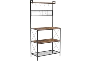 AWTATOS Kitchen Bakers Rack, Coffee Station, Coffee Bar, Kitchen Storage Unit, 3 Tiers Microwave Shelf, with 7 S Hooks, 2 Wooden Shelves and Mesh Panel, Adjustable Feet, Rustic Brown UBRMW03RB