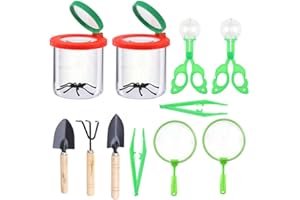 LumenTY 11 Pièces Boîte Loupe Insecte 2 Ciseaux Attrape-Insectes Portable Observateur d'insectes avec Double Loupe Pincettes Enfants Outil d'Exploration Nature avec 3 Mini Outils de Jardin Kit Pelle