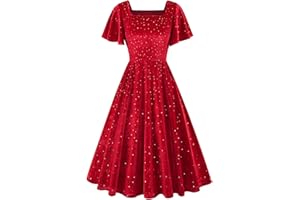 ZEIAYUAS Women Vintage Square Neck Velvet Stretchy Long Dress 80s Fancy Dress Pleated Swing Party Dresses Short Sleeve Sequin Dress Ladies Elegant Wedding Guest Gown