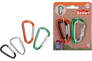 Simba Scout Metallkarbinhake - Tillbehörssats för barn, 4 karbinhakar i 3 storlekar, fjäder- eller vridlås, metallklämmor för