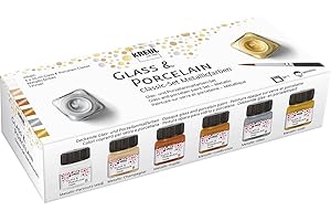 ‎KREUL KREUL 16603 - Glass & Porcelain Set Classic Metallicfarben, 6 x 20 ml Farbe und ein Pinsel, brillante, metallisch deckende Glas-und Porzellanmalfarbe auf Wasserbasis