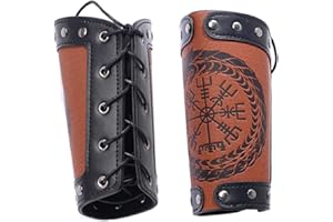 MAYTING Brassards de protection en cuir, bracelet de boussole runique en relief, armure de bras en cuir viking nordique, protections de bras en cuir médiéval LARP, marron, M