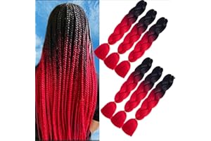 SHANGXIU extension capelli treccine rosse 6Pezzi Kanekalon Hair Treccia Capelli, Ombre Trecce Sintetici Jumbo Braids Intrecciare I Capelli extension (B1 nero rosso)
