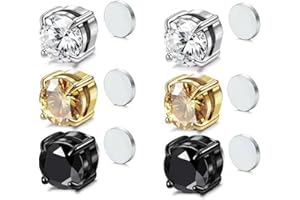 OPIURVY 3 Paia Orecchini Magnetici 6MM in Acciaio Inossidabile per Uomo Donna Non-Piercing Magnetici Orecchini CZ Rotondi/Quadrati Intarsiati Ipoallergenici Orecchini Clip Finti Orecchino Set