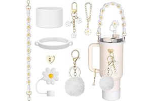 YNR Stanley - Juego de accesorios para tazas, 8 piezas, funda de silicona, correa de mango tejida, cubierta de pajita, dijes para vaso de 30/40 onzas, color blanco