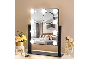 Depuley Black Vanity Mirror with Lights,LED Makeup Mirror for Dressing Table, Light Up Mirror with Bulbs 3 Colour Dimmable, Tabletop Mirror and Lights 360° Rotation, Detachable 10X Magnifier