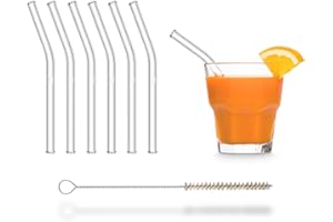 HÅLM HALM szklane słomki wielokrotnego użytku - 6 sztuk krótkie zakrzywione 15 cm + plastikowa szczotka do czyszczenia - odporne na zmywarkę - ekologiczne - rurki szklane do szklanek koktajlowych.