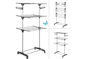 RELOVE Tendedero de Ropa Plegable Vertical, Tipo Torre de Tres Estante con Cuatro Ruedas, Espacio de Secado, con Capacidad para 15 KG (72*56*152cm (Gris))