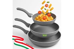 BAKAJI Set 3 Padelle In Pietra Diametro 20 24 28 cm Rivestimento Effetto Pietra Padella Antiaderente Con Manico Ergonomico Soft Touch Stone Effect Corpo in Alluminio 6 strati