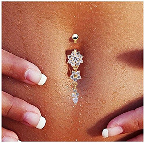 zhichengbosi Zirkon vergoldet Bauchnabelpiercing Blume baumeln Bauch Ring Body Piercing Schmuck - 3