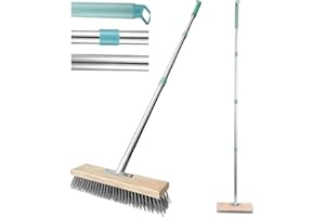 GINGER TECH Scopa a testa in filo metallico, spazzola per rimuovere erbacce e muschio da giardino, resistente per rimuovere erbacce e alghe su doccia, parete, garage, cortile, patio (con manico da 53 pollici)