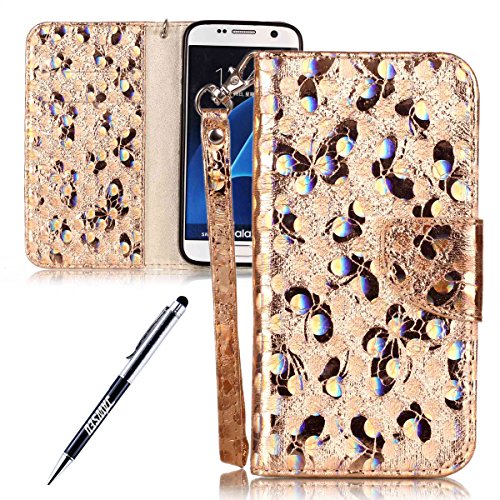 Galaxy S7 Case, Galaxy S7 Cover, JAWSEU Samsung Galaxy S7 G930 Wallet Case Luxury Butterfly Premium PU Leather Flip Cover for Samsung Galaxy S7 Protector Bumper Skin with Soft Silicone Case Credit ID Card Slots Magnetic Closure Kickstand Strap Wallet Pouch Smartphone Shell Protective Phone Case for Samsung Galaxy S7 + Stylus Pen - Butterfly, Gold